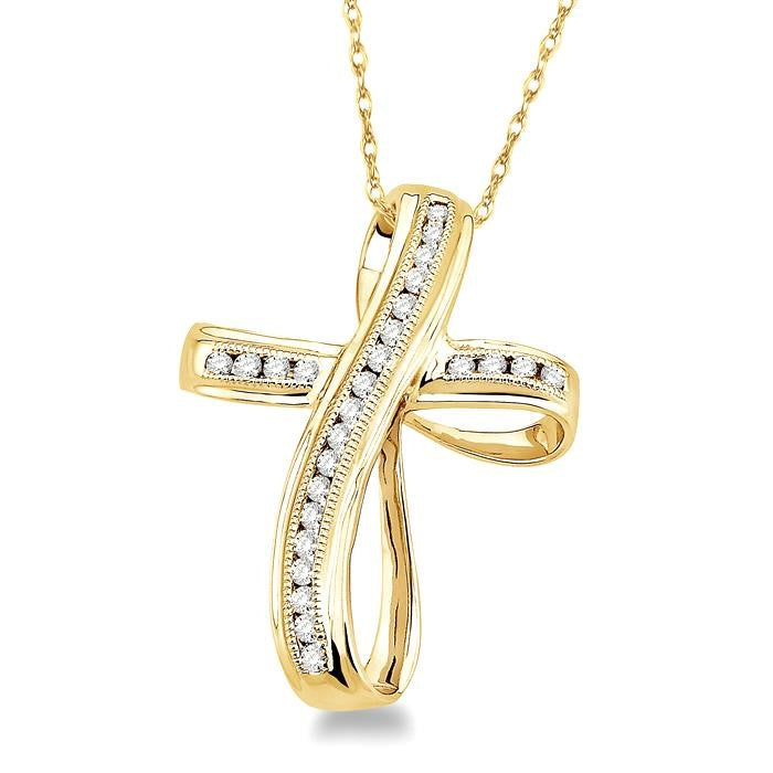 1/4 Ctw Channel Set Round Cut Diamond Cross Pendant in 10K Yellow Gold with Chain