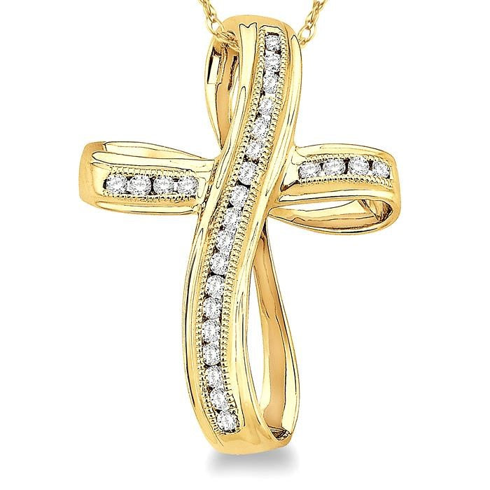 1/4 Ctw Channel Set Round Cut Diamond Cross Pendant in 10K Yellow Gold with Chain