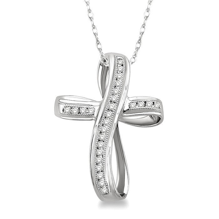 1/4 Ctw Channel Set Round Cut Diamond Cross Pendant in 10K White Gold with Chain