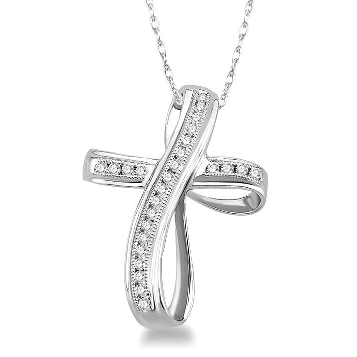 1/4 Ctw Channel Set Round Cut Diamond Cross Pendant in 10K White Gold with Chain