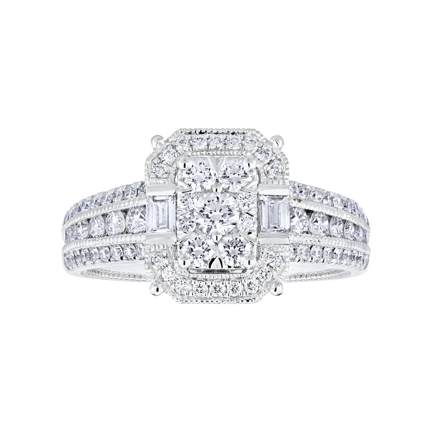 Diamond Emerald Shaped Halo Cluster with Triple Row Shank Engagement Ring