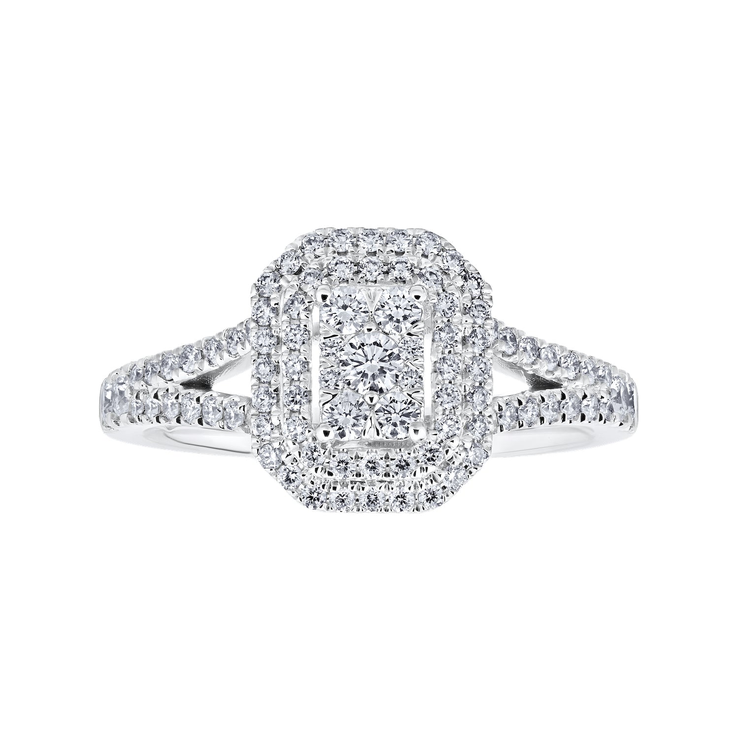 Diamond Emerald Shaped Cluster Double Halo Engagement Ring 