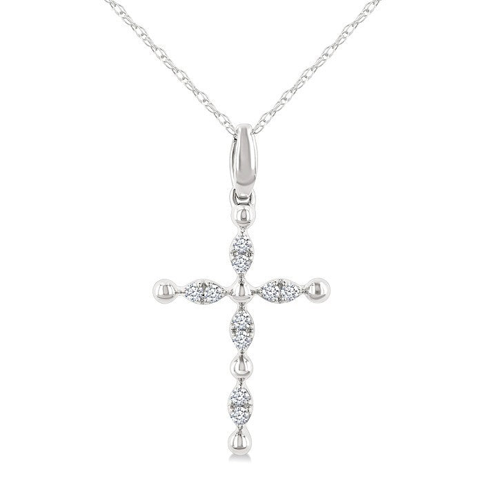 1/20 Ctw Cross Marquise and Ball Bead Motif Round Cut Diamond Fashion Pendant With Chain in 10K White Gold