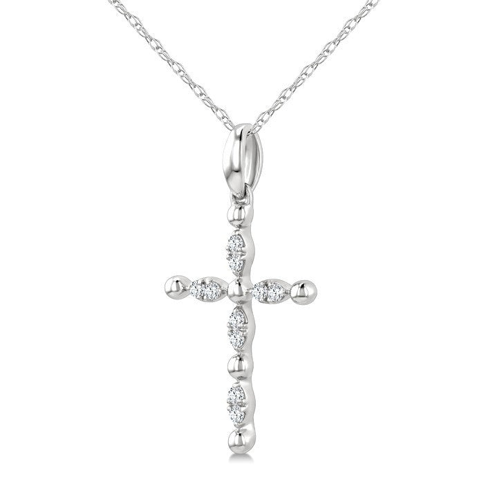 1/20 Ctw Cross Marquise and Ball Bead Motif Round Cut Diamond Fashion Pendant With Chain in 10K White Gold
