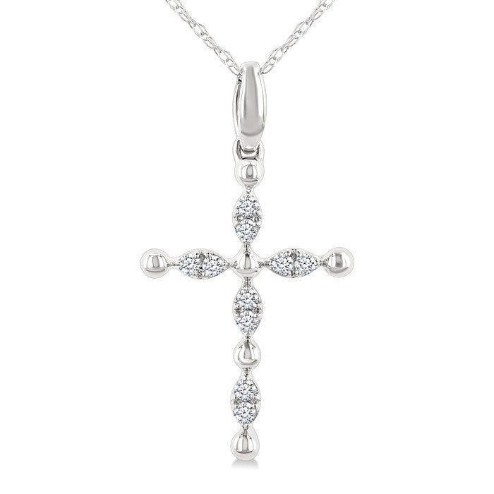 1/20 Ctw Cross Marquise and Ball Bead Motif Round Cut Diamond Fashion Pendant With Chain in 10K White Gold