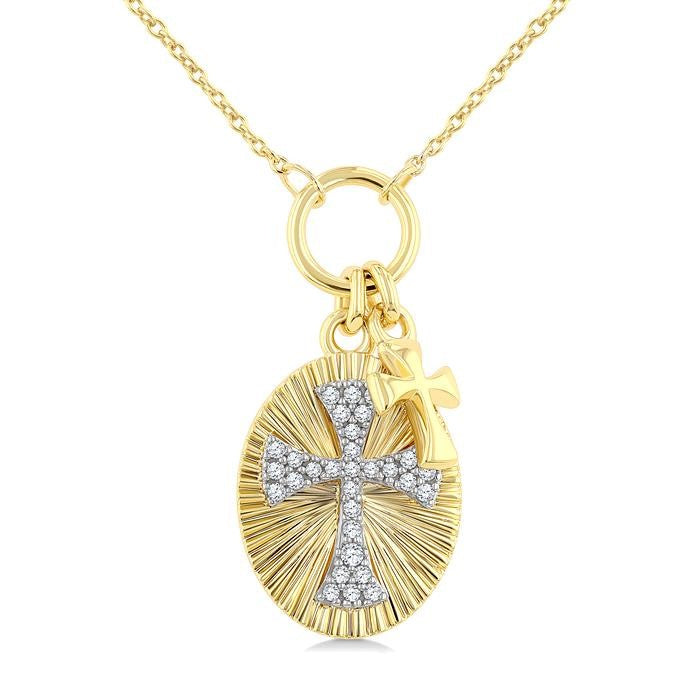 1/6 Ctw Fluted Oval-Shaped Medallion Byzantine Cross Charm Round Cut Diamond Pirouette Fashion Pendant With Chain in 10K Yellow and White Gold