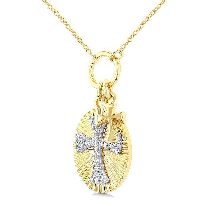 1/6 Ctw Fluted Oval-Shaped Medallion Byzantine Cross Charm Round Cut Diamond Pirouette Fashion Pendant With Chain in 10K Yellow and White Gold