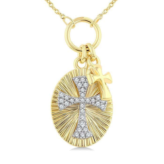1/6 Ctw Fluted Oval-Shaped Medallion Byzantine Cross Charm Round Cut Diamond Pirouette Fashion Pendant With Chain in 10K Yellow and White Gold