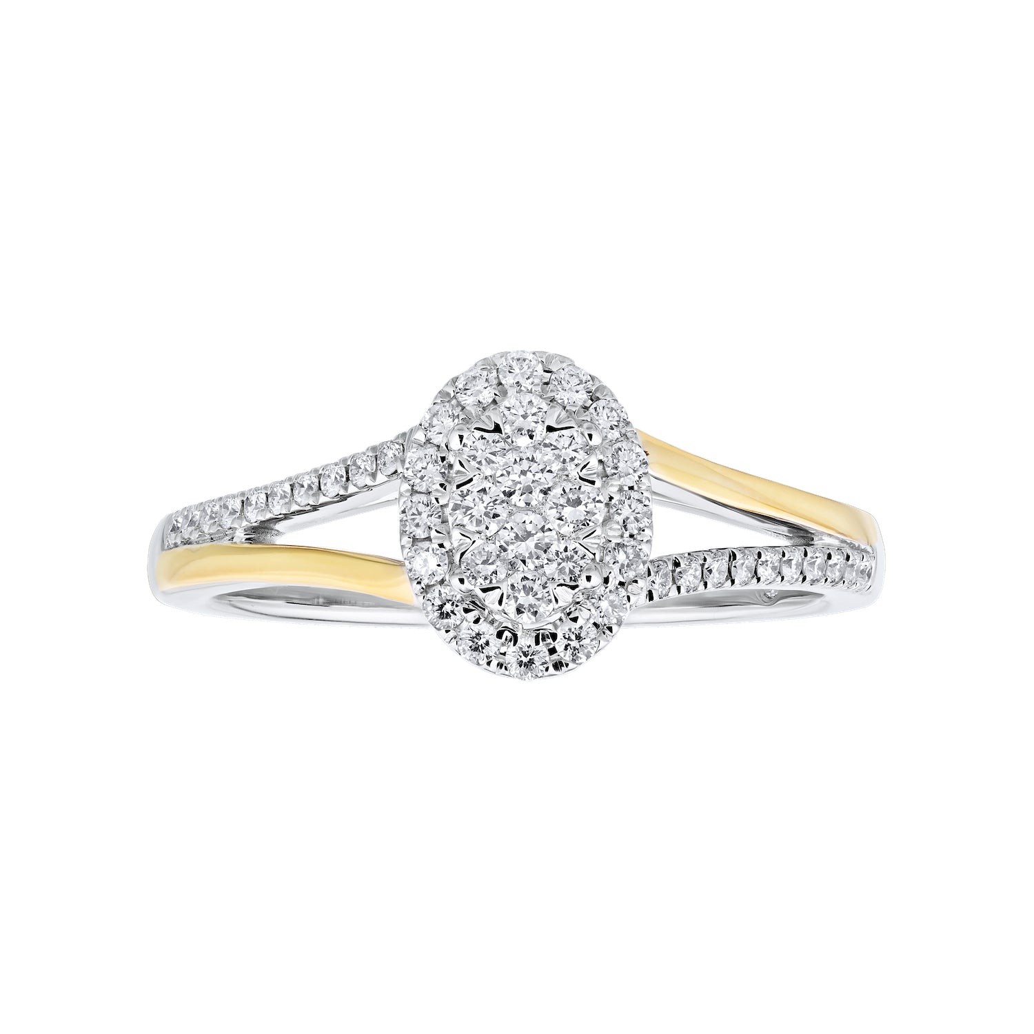 Diamond Oval Shaped Cluster with Halo and Two Tone Shank Engagement Ring