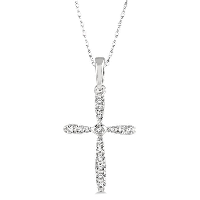 1/10 Ctw Cross Charm Round Cut Diamond Petite Pendant With Chain in 10K White Gold
