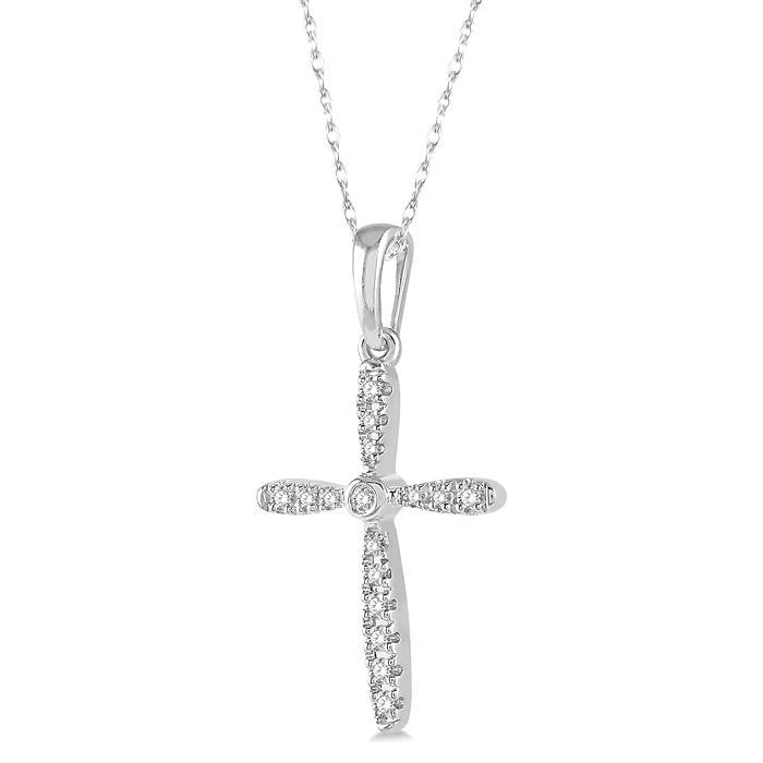 1/10 Ctw Cross Charm Round Cut Diamond Petite Pendant With Chain in 10K White Gold