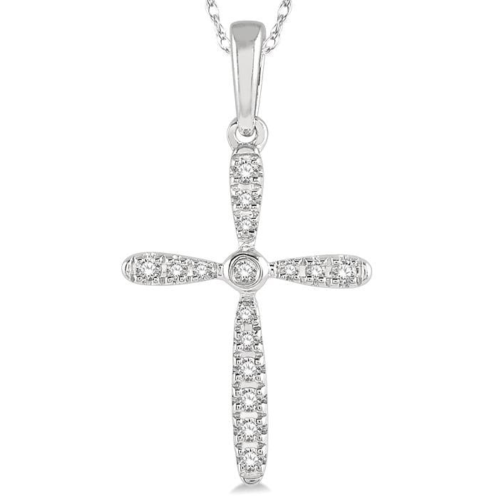 1/10 Ctw Cross Charm Round Cut Diamond Petite Pendant With Chain in 10K White Gold