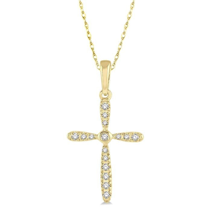 1/10 Ctw Cross Charm Round Cut Diamond Petite Pendant With Chain in 10K Yellow Gold