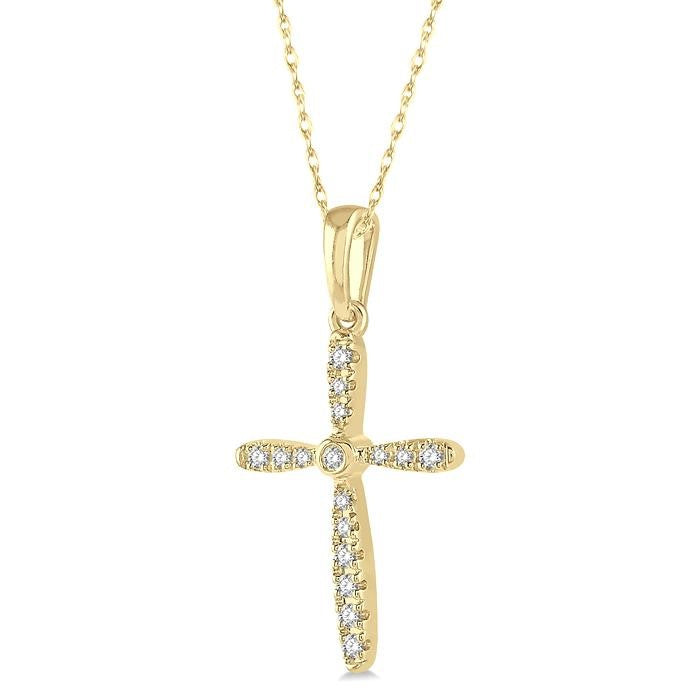 1/10 Ctw Cross Charm Round Cut Diamond Petite Pendant With Chain in 10K Yellow Gold