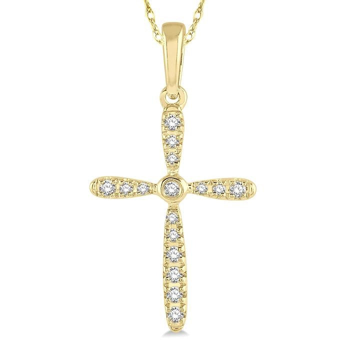 1/10 Ctw Cross Charm Round Cut Diamond Petite Pendant With Chain in 10K Yellow Gold