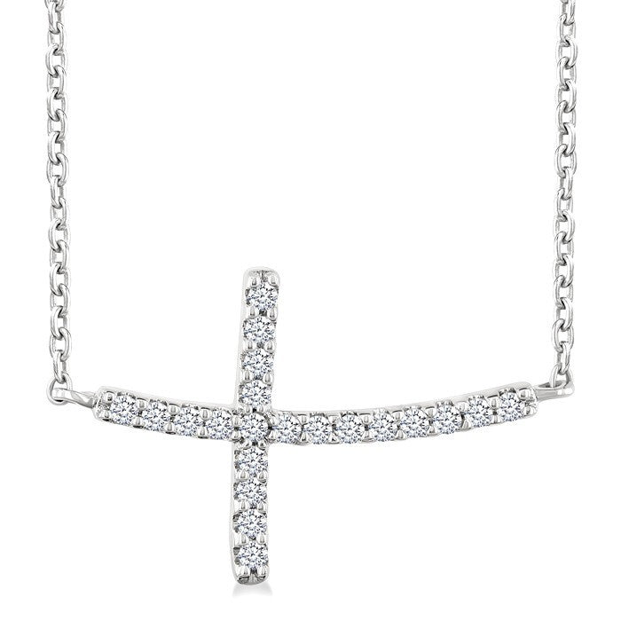 1/10 Ctw Petite Sideways Cross Round Cut Diamond Fashion Pendant With Chain in 10K White Gold