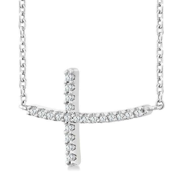 1/10 Ctw Petite Sideways Cross Round Cut Diamond Fashion Pendant With Chain in 10K White Gold