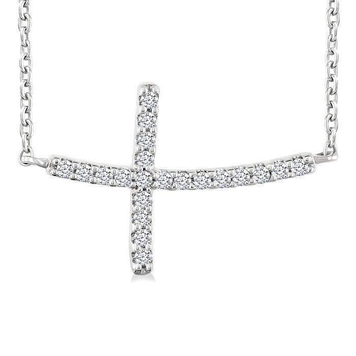 1/10 Ctw Petite Sideways Cross Round Cut Diamond Fashion Pendant With Chain in 10K White Gold
