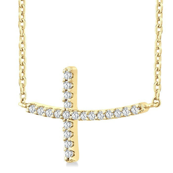1/10 Ctw Petite Sideways Cross Round Cut Diamond Fashion Pendant With Chain in 10K Yellow Gold