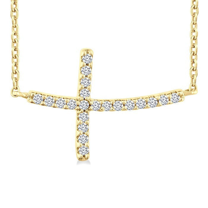 1/10 Ctw Petite Sideways Cross Round Cut Diamond Fashion Pendant With Chain in 10K Yellow Gold