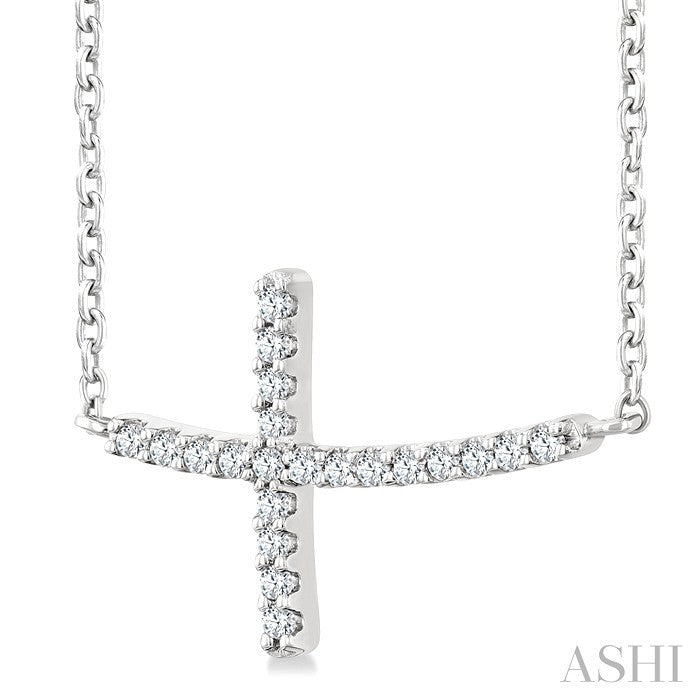 1/10 Ctw Petite Sideways Cross Round Cut Diamond Fashion Pendant With Chain in 10K White Gold