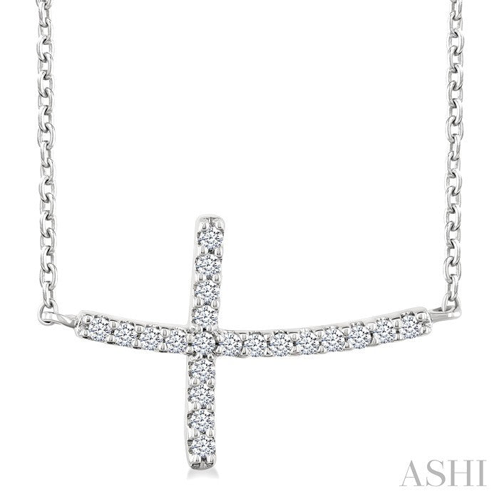1/10 Ctw Petite Sideways Cross Round Cut Diamond Fashion Pendant With Chain in 10K White Gold