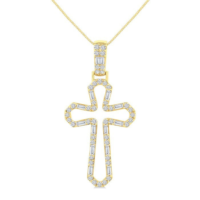 1/2 Ctw Open Window Cross Frame Baguette and Round Cut Diamond Fashion Pendant With Chain in 10K Yellow Gold