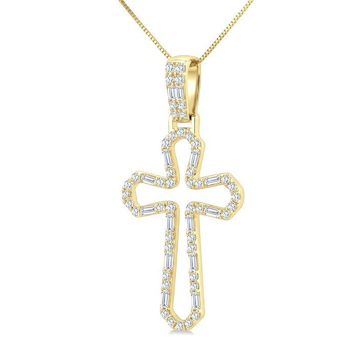 1/2 Ctw Open Window Cross Frame Baguette and Round Cut Diamond Fashion Pendant With Chain in 10K Yellow Gold
