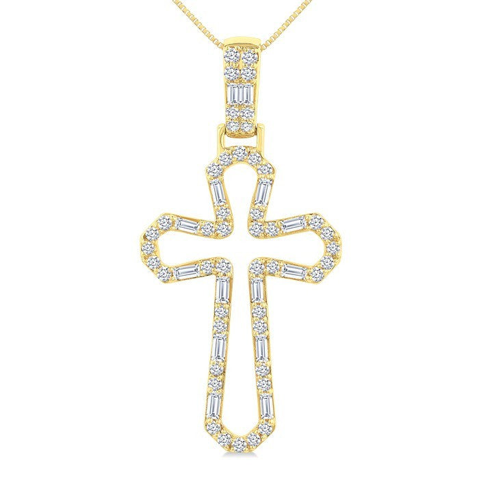 1/2 Ctw Open Window Cross Frame Baguette and Round Cut Diamond Fashion Pendant With Chain in 10K Yellow Gold