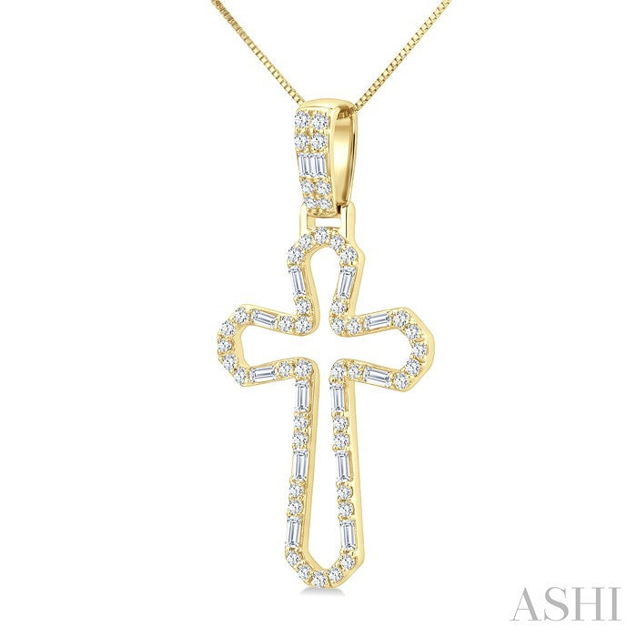 1/2 Ctw Open Window Cross Frame Baguette and Round Cut Diamond Fashion Pendant With Chain in 10K Yellow Gold