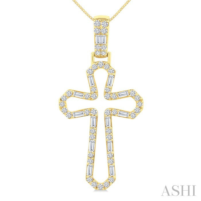 1/2 Ctw Open Window Cross Frame Baguette and Round Cut Diamond Fashion Pendant With Chain in 10K Yellow Gold