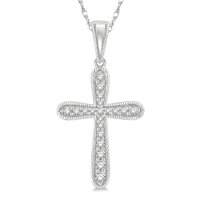 1/6 Ctw Round Cut Diamond Cross Pendant With Chain in 14K White Gold