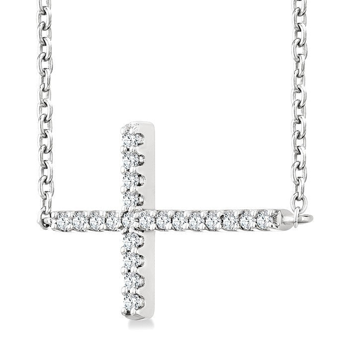 1/10 Ctw Petite Sideways Cross Round Cut Diamond Fashion Pendant With Chain in 10K White Gold