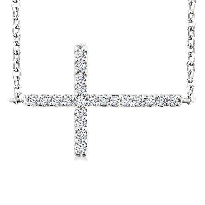 1/10 Ctw Petite Sideways Cross Round Cut Diamond Fashion Pendant With Chain in 10K White Gold