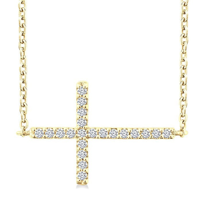 1/10 Ctw Petite Sideways Cross Round Cut Diamond Fashion Pendant With Chain in 10K Yellow Gold