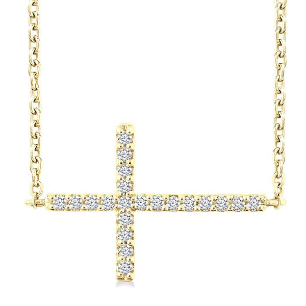 1/10 Ctw Petite Sideways Cross Round Cut Diamond Fashion Pendant With Chain in 10K Yellow Gold