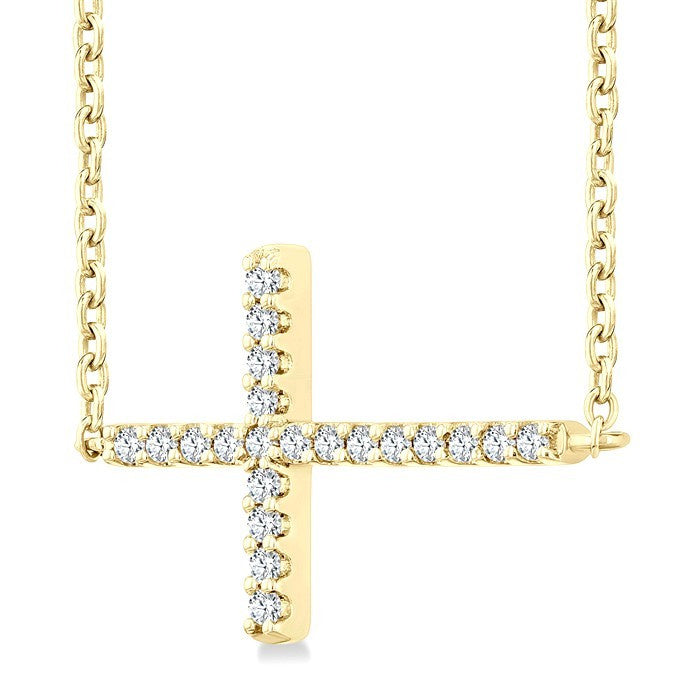 1/10 Ctw Petite Sideways Cross Round Cut Diamond Fashion Pendant With Chain in 10K Yellow Gold