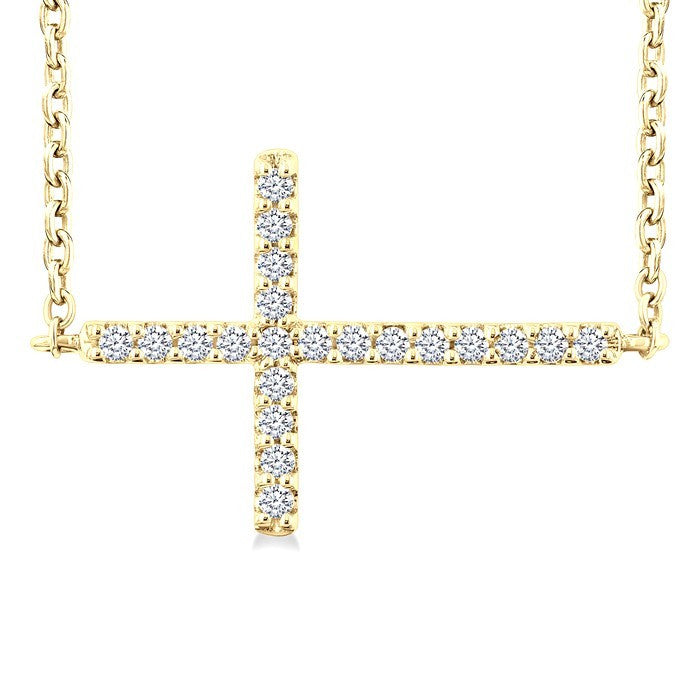 1/10 Ctw Petite Sideways Cross Round Cut Diamond Fashion Pendant With Chain in 10K Yellow Gold