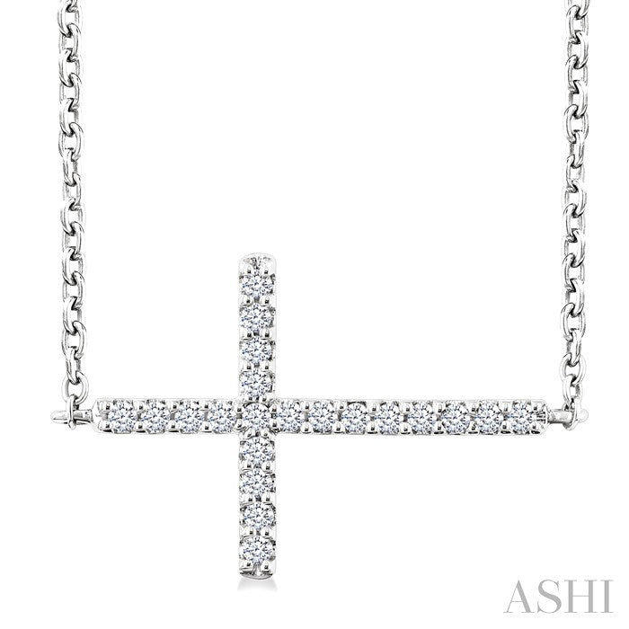 1/10 Ctw Petite Sideways Cross Round Cut Diamond Fashion Pendant With Chain in 10K White Gold