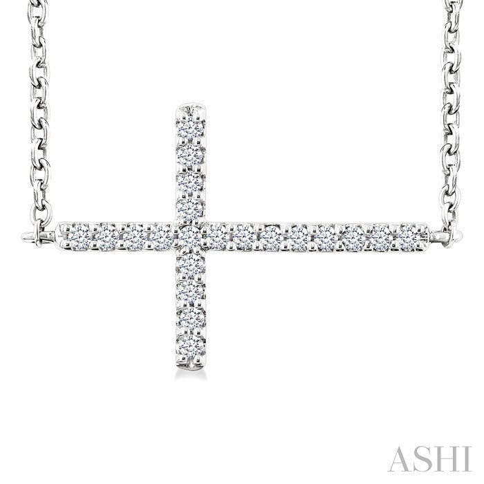 1/10 Ctw Petite Sideways Cross Round Cut Diamond Fashion Pendant With Chain in 10K White Gold