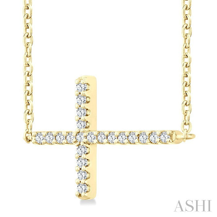 1/10 Ctw Petite Sideways Cross Round Cut Diamond Fashion Pendant With Chain in 10K Yellow Gold