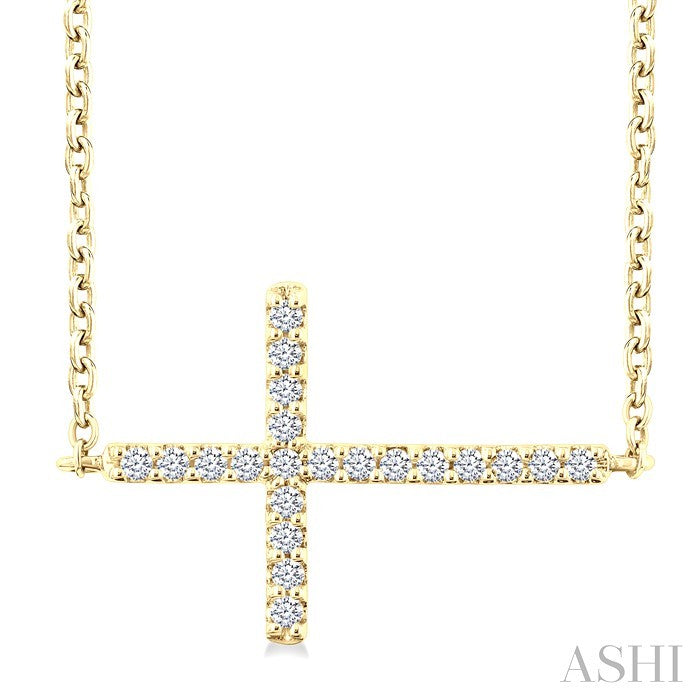 1/10 Ctw Petite Sideways Cross Round Cut Diamond Fashion Pendant With Chain in 10K Yellow Gold