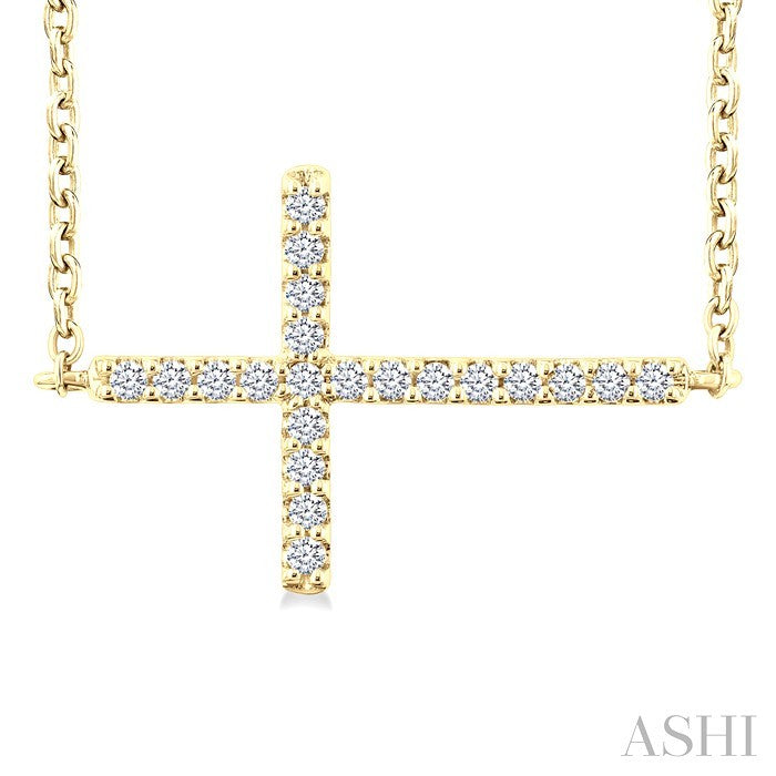 1/10 Ctw Petite Sideways Cross Round Cut Diamond Fashion Pendant With Chain in 10K Yellow Gold