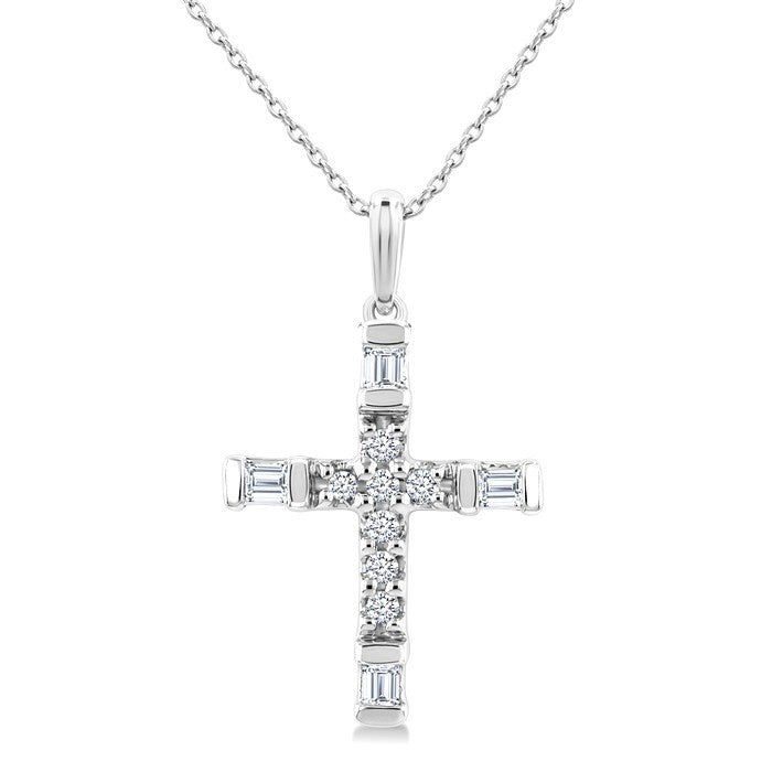 1/20 Ctw Baguette and Round Cut Diamond  Cross Shape Fashion Pendant With Chain in 10K White Gold