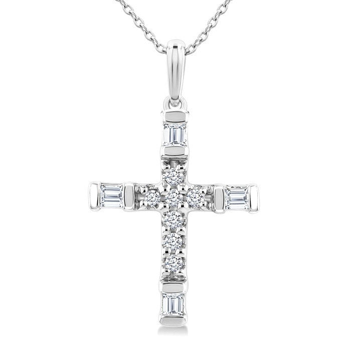 1/20 Ctw Baguette and Round Cut Diamond  Cross Shape Fashion Pendant With Chain in 10K White Gold