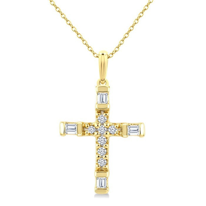 1/20 Ctw Baguette and Round Cut Diamond Cross Shape Fashion Pendant With Chain in 10K Yellow Gold