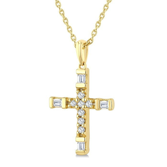 1/20 Ctw Baguette and Round Cut Diamond Cross Shape Fashion Pendant With Chain in 10K Yellow Gold