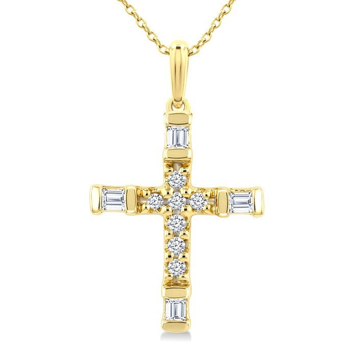 1/20 Ctw Baguette and Round Cut Diamond Cross Shape Fashion Pendant With Chain in 10K Yellow Gold