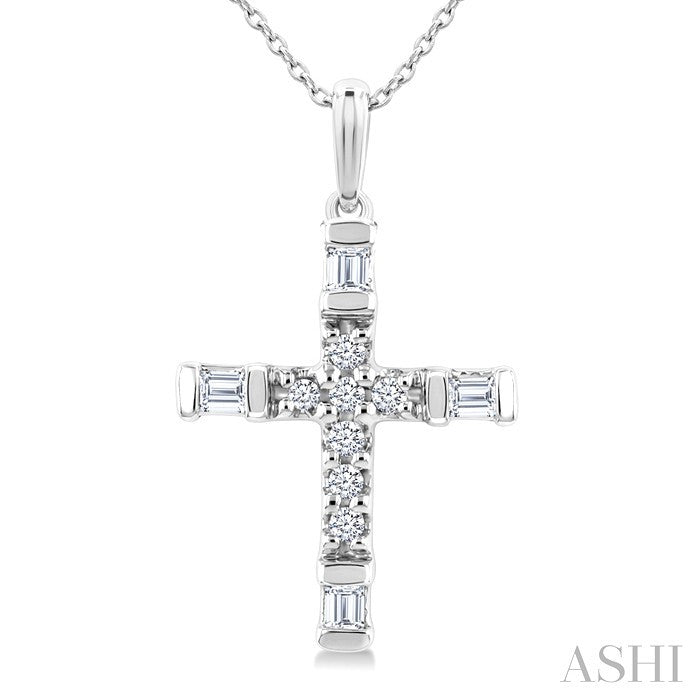 1/20 Ctw Baguette and Round Cut Diamond  Cross Shape Fashion Pendant With Chain in 10K White Gold