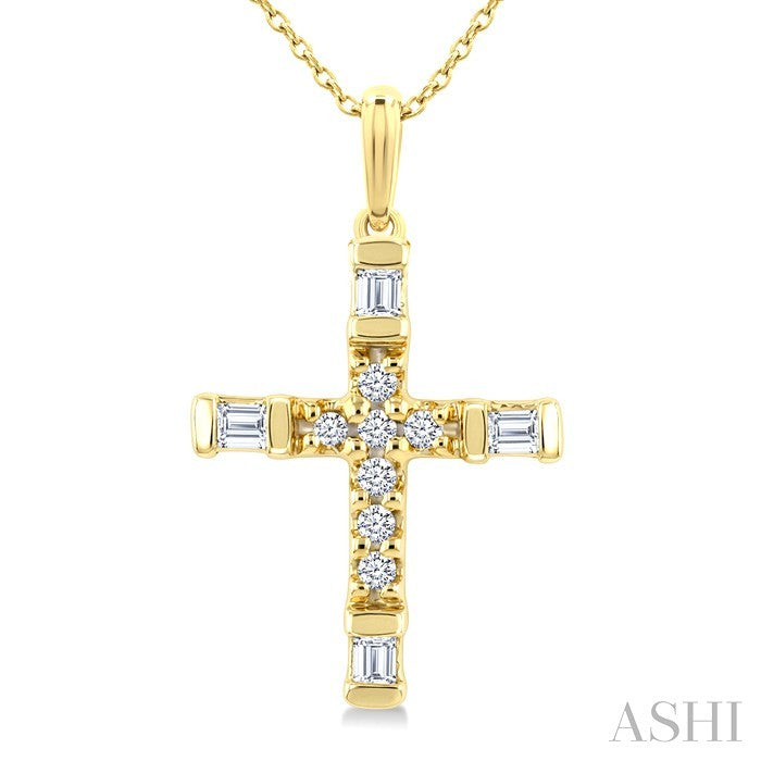 1/20 Ctw Baguette and Round Cut Diamond Cross Shape Fashion Pendant With Chain in 10K Yellow Gold